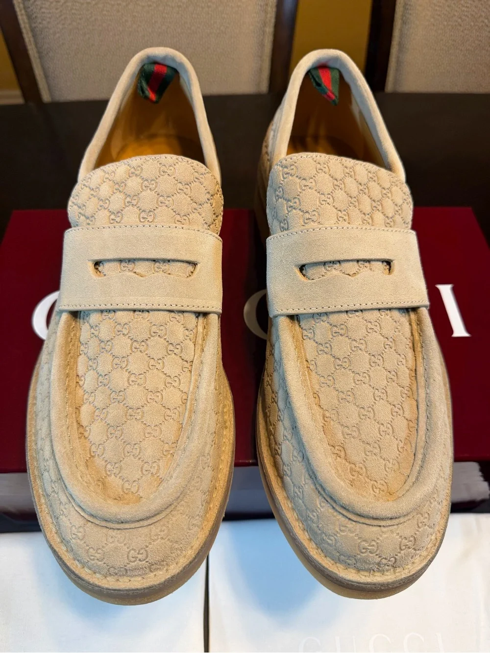 New Authentic Gucci GG Logo Suede Loafers Cream UK 11.5 / US 12